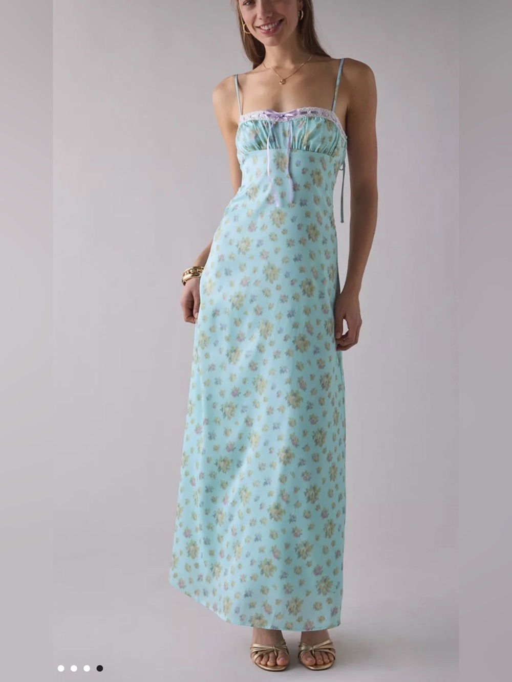 Urban Outfitters Light Blue Floral Satin Slip Dress with Pink Lace Trim - Picture 4 of 8
